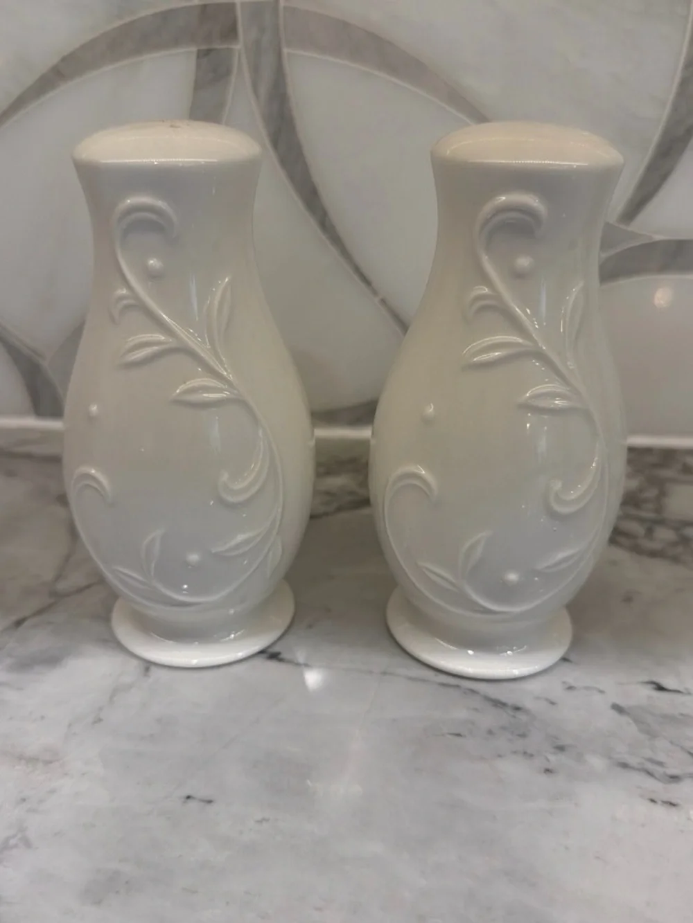 Lenox White Ceramic Decorative Vase Pair with Raised Scroll Detail